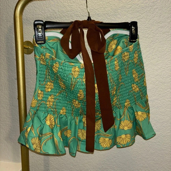 NWOT Unique Vintage Green Floral Retro Pinup Peplum Halter Blouse Top - Picture 6 of 6